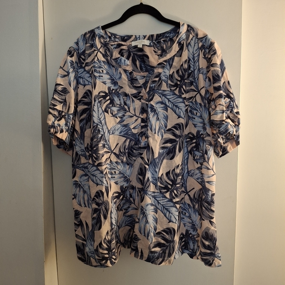 Coral Bay Women's Linen Leaf Print Blue and Pink Top With Ruffle Sleeves